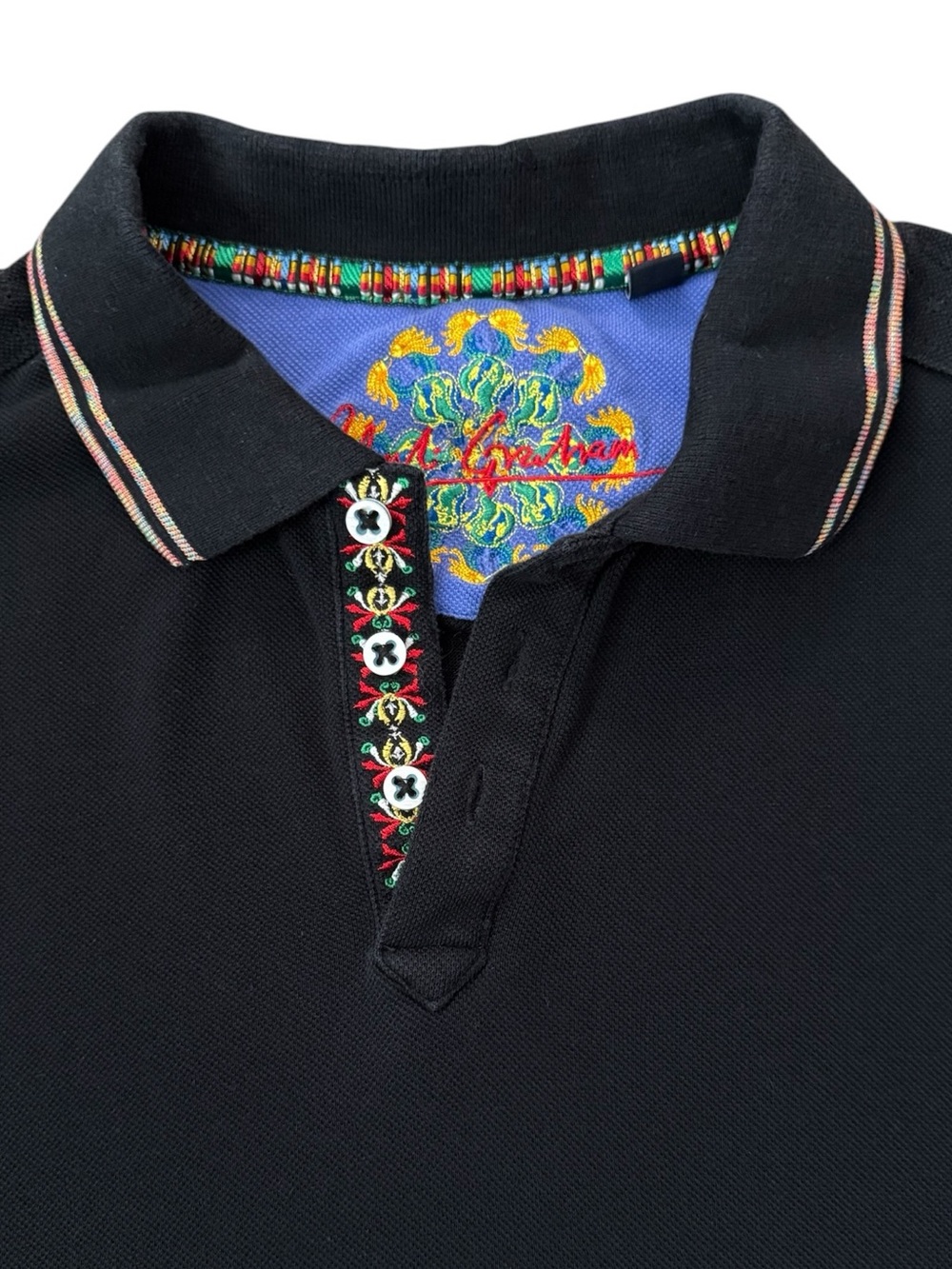 Robert Graham Black Pima Cotton Polo Large Textured Panels Embroidered Crest